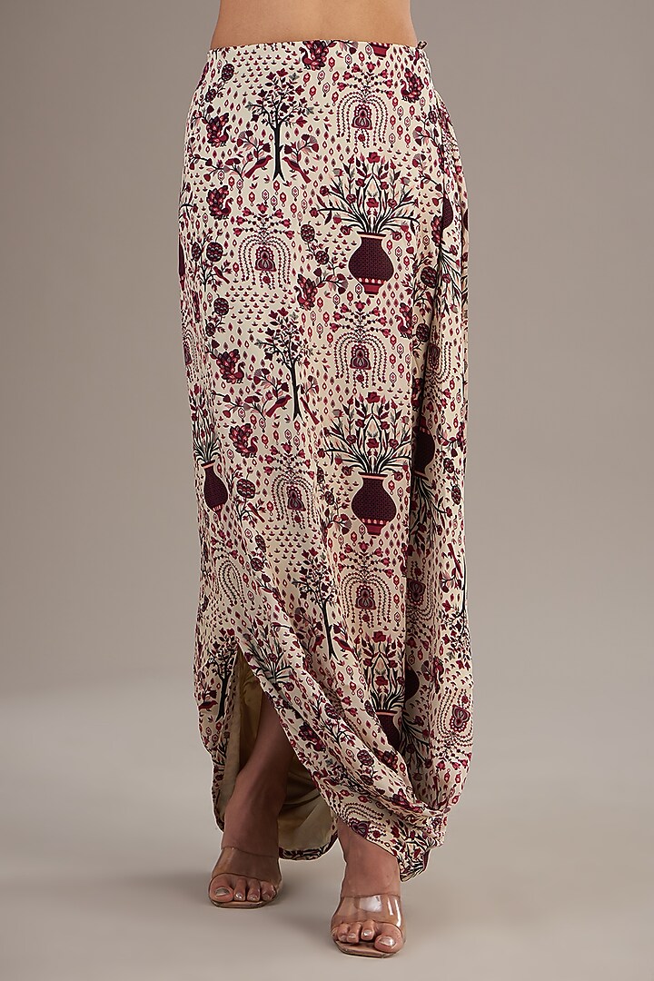 Merlot Crepe Jaal Printed One-Shoulder Draped Skirt Wedding Saree Set by SVA BY SONAM & PARAS MODI at Pernia's Pop Up Shop