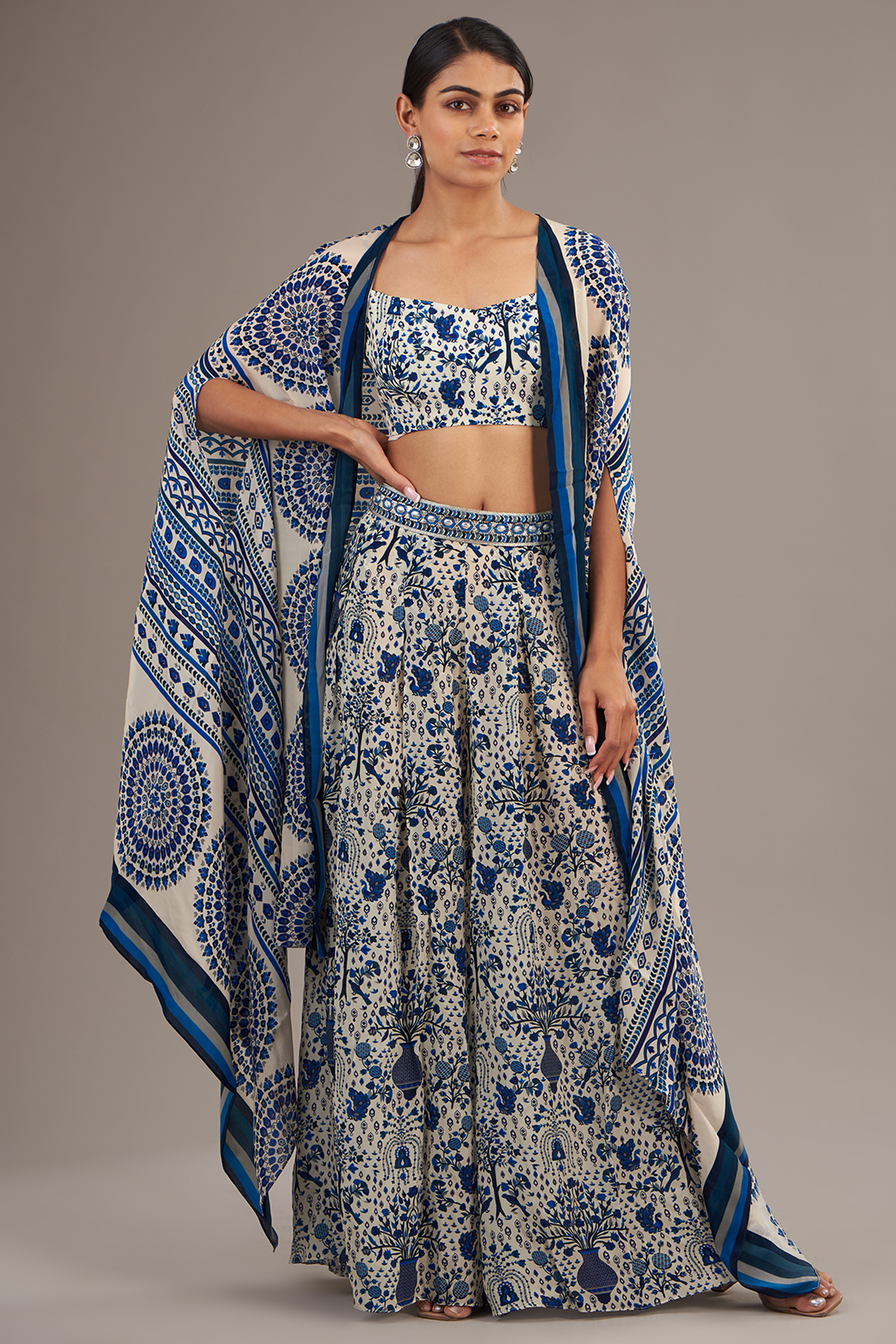 Blue Crepe Jaal Printed Cape Set by SVA BY SONAM & PARAS MODI at Pernia's Pop Up Shop