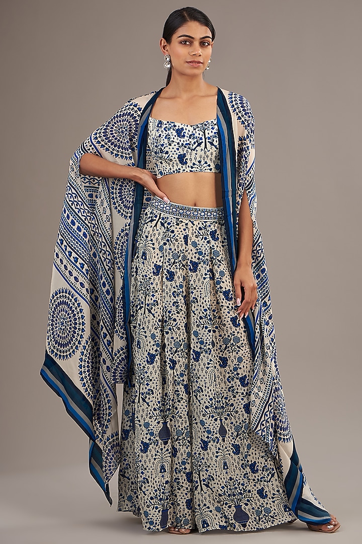 Blue Crepe Jaal Printed Cape Set by SVA BY SONAM & PARAS MODI at Pernia's Pop Up Shop