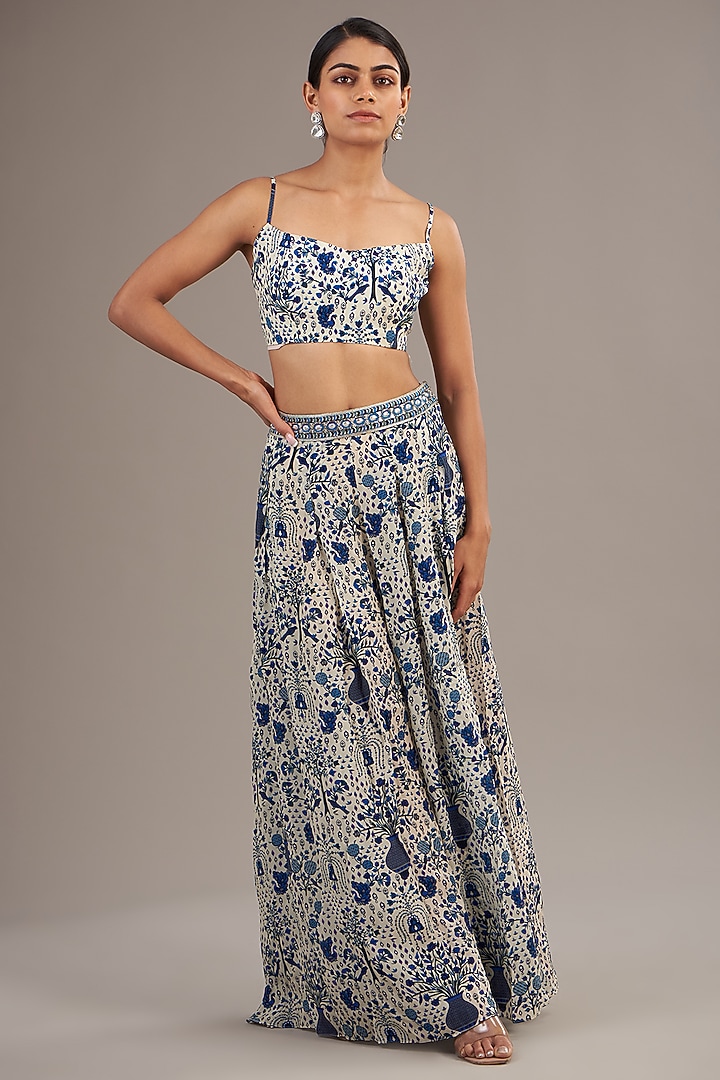 Blue Crepe Jaal Printed Cape Set by SVA BY SONAM & PARAS MODI at Pernia's Pop Up Shop