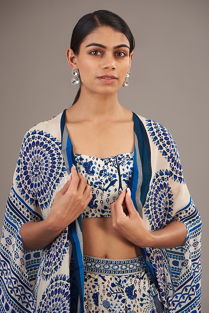 Blue Crepe Jaal Printed Cape Set by SVA BY SONAM & PARAS MODI at Pernia's Pop Up Shop