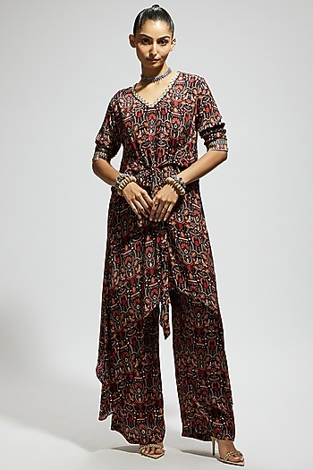 Grey Crepe Jaal Printed Tunic Set by SVA BY SONAM & PARAS MODI at Pernia's Pop Up Shop