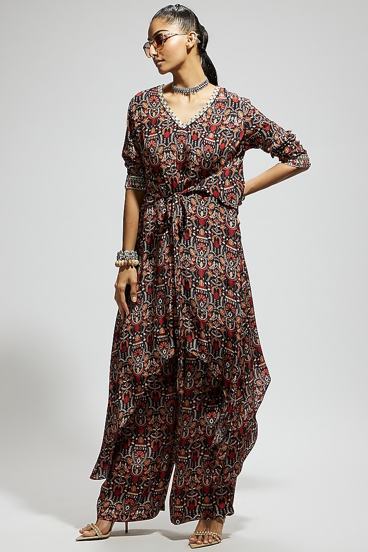 Grey Crepe Jaal Printed Tunic Set by SVA BY SONAM & PARAS MODI at Pernia's Pop Up Shop