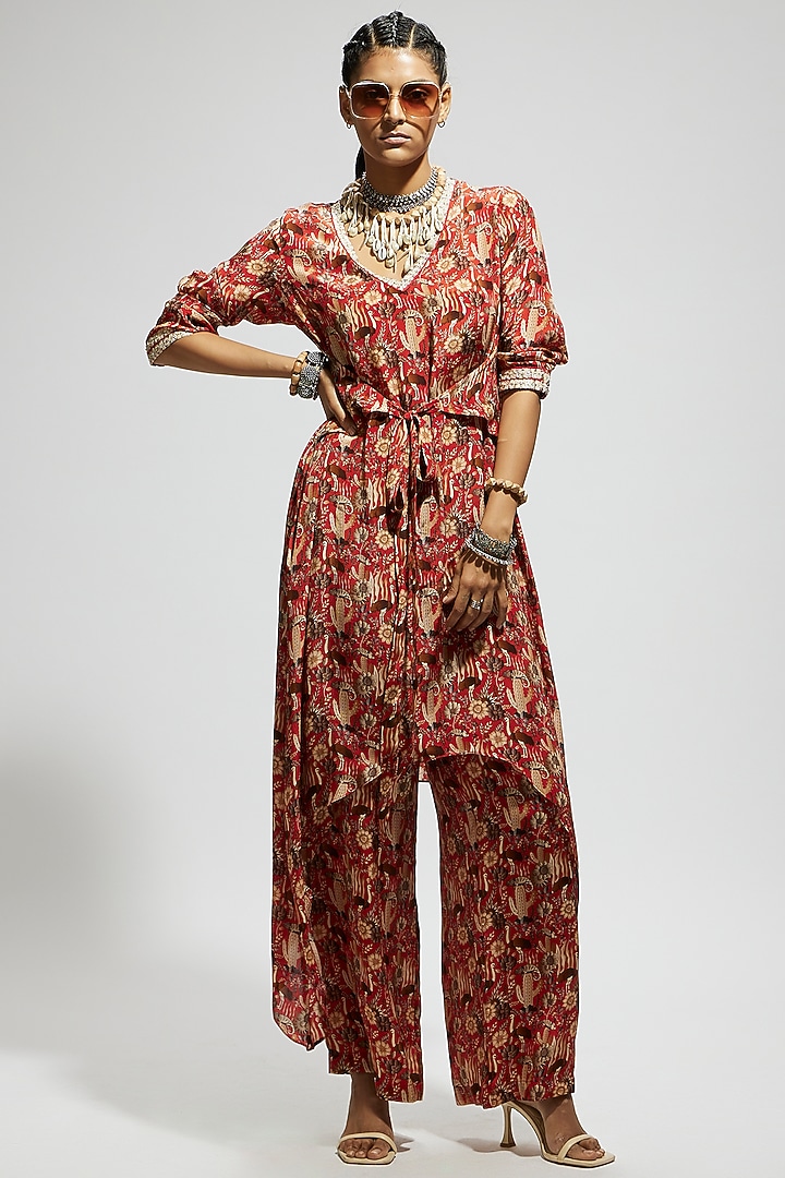 Orange Crepe Jaal Printed Tunic Set by SVA BY SONAM & PARAS MODI at Pernia's Pop Up Shop
