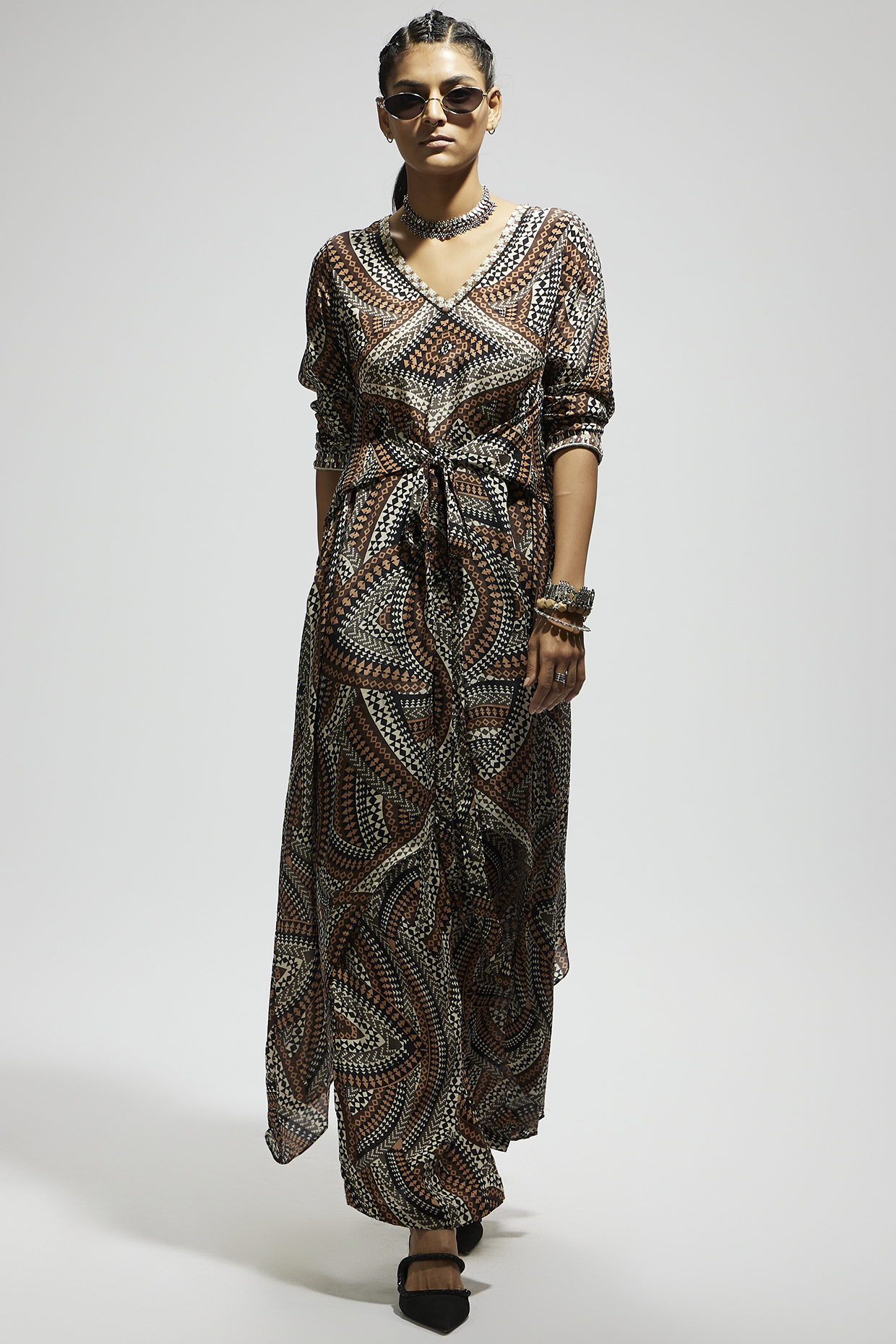 Brown Crepe Printed Tunic Set by SVA BY SONAM & PARAS MODI at Pernia's Pop Up Shop