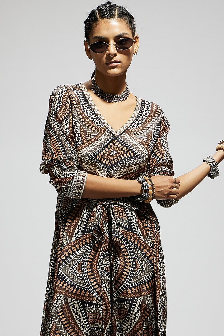Brown Crepe Printed Tunic Set by SVA BY SONAM & PARAS MODI at Pernia's Pop Up Shop
