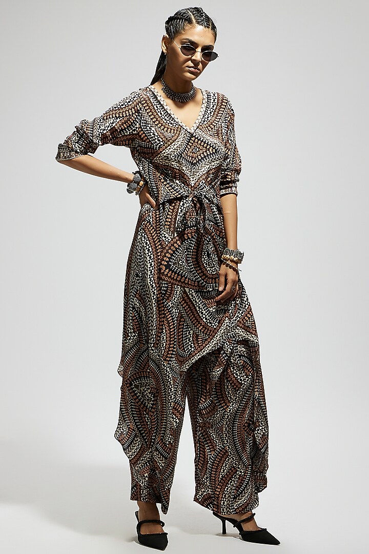 Brown Crepe Printed Tunic Set by SVA BY SONAM & PARAS MODI at Pernia's Pop Up Shop