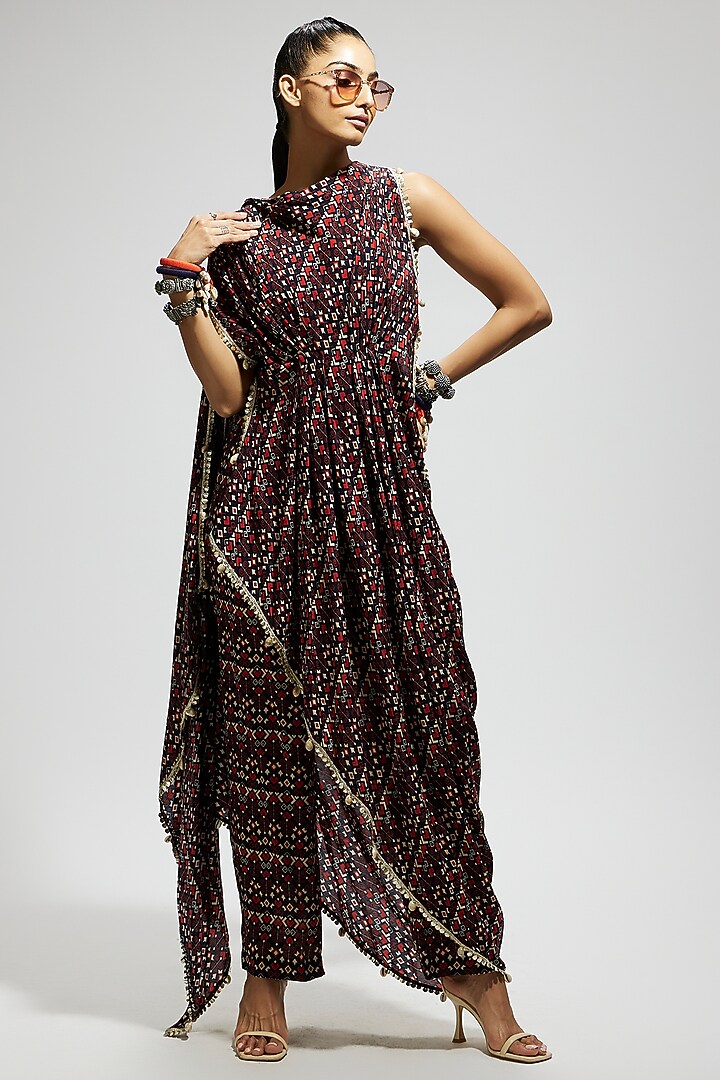 Blue Crepe Geometric Printed Pant Set by SVA BY SONAM & PARAS MODI at Pernia's Pop Up Shop