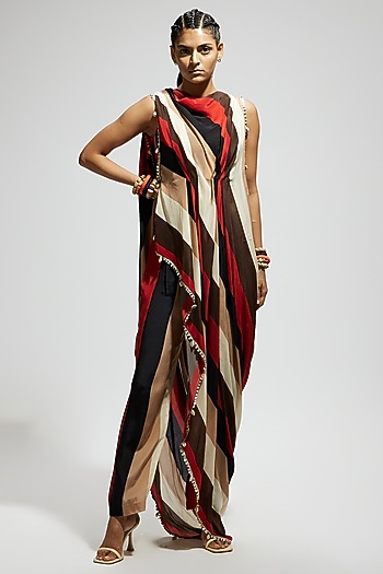 Orange Crepe Stripe Printed Pant Set by SVA BY SONAM & PARAS MODI at Pernia's Pop Up Shop