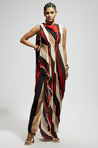 Orange Crepe Stripe Printed Pant Set by SVA BY SONAM & PARAS MODI