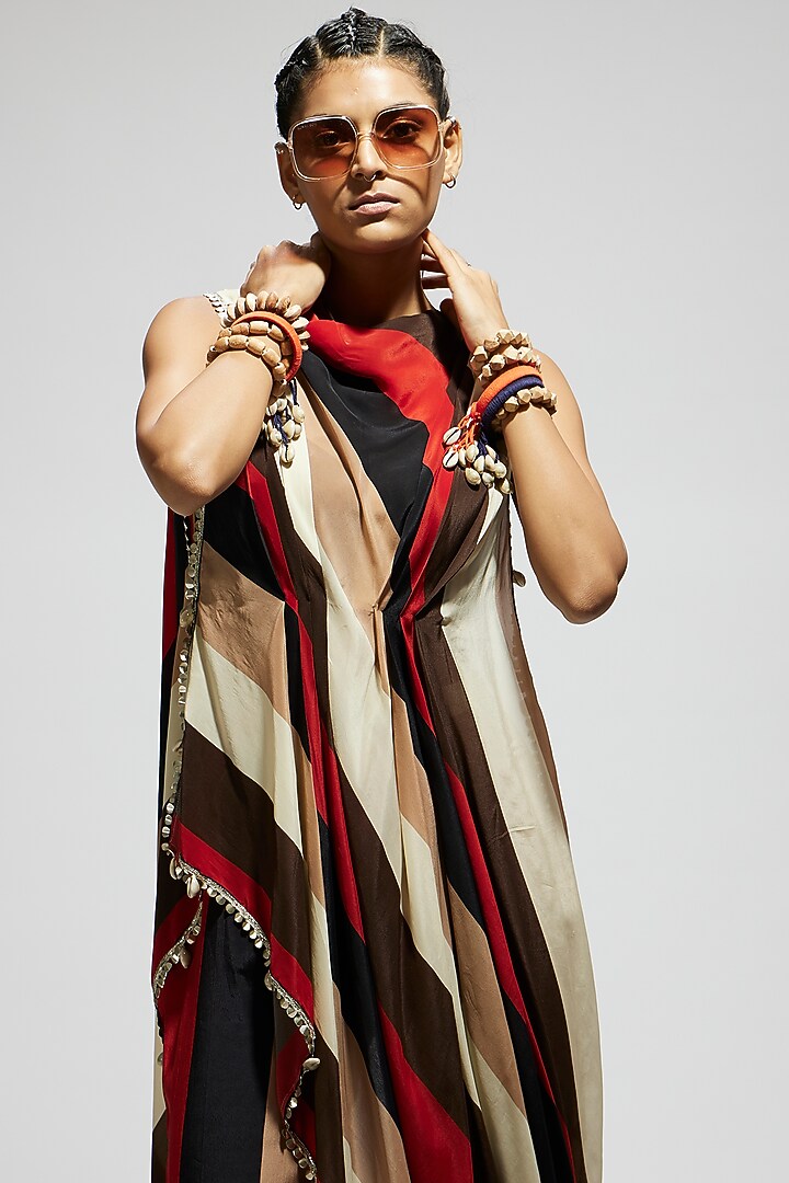 Orange Crepe Stripe Printed Pant Set by SVA BY SONAM & PARAS MODI at Pernia's Pop Up Shop