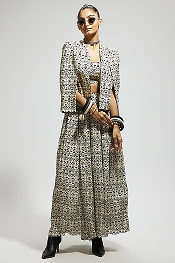 White Crepe Geometric Printed Cape Jacket Set by SVA BY SONAM & PARAS MODI at Pernia's Pop Up Shop