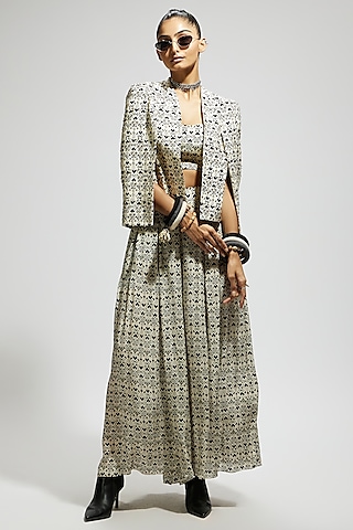 White Crepe Geometric Printed Cape Jacket Set by SVA BY SONAM & PARAS MODI