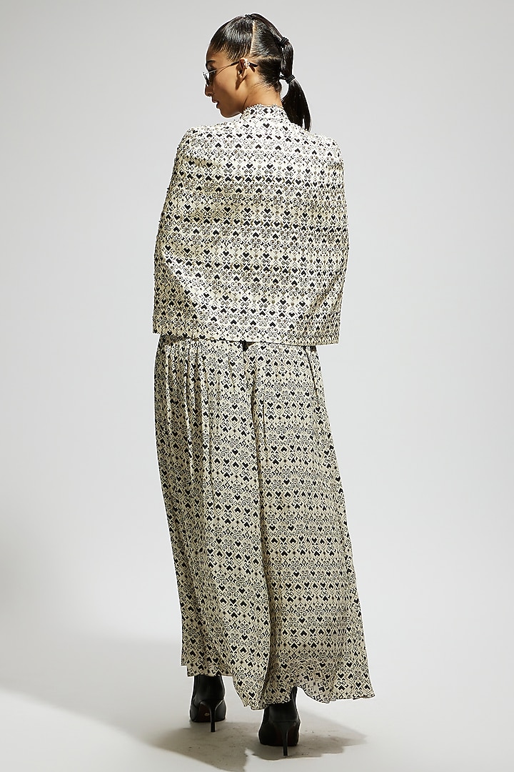 White Crepe Geometric Printed Cape Jacket Set by SVA BY SONAM & PARAS MODI at Pernia's Pop Up Shop