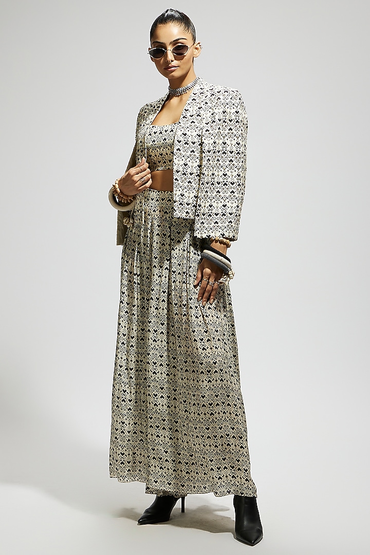 White Crepe Geometric Printed Cape Jacket Set by SVA BY SONAM & PARAS MODI at Pernia's Pop Up Shop