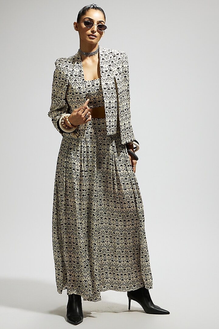White Crepe Geometric Printed Cape Jacket Set by SVA BY SONAM & PARAS MODI at Pernia's Pop Up Shop