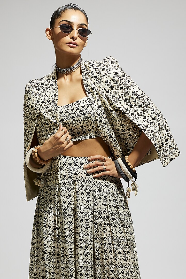 White Crepe Geometric Printed Cape Jacket Set by SVA BY SONAM & PARAS MODI at Pernia's Pop Up Shop