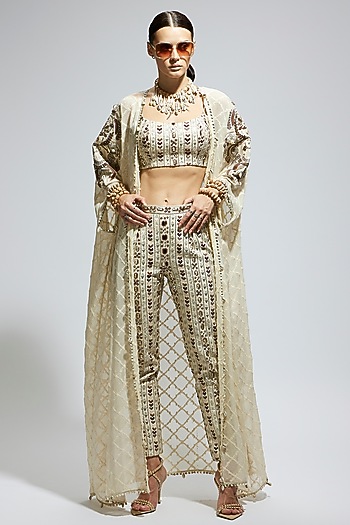 Ivory Silk Embellished Cape Set by SVA BY SONAM & PARAS MODI at Pernia's Pop Up Shop