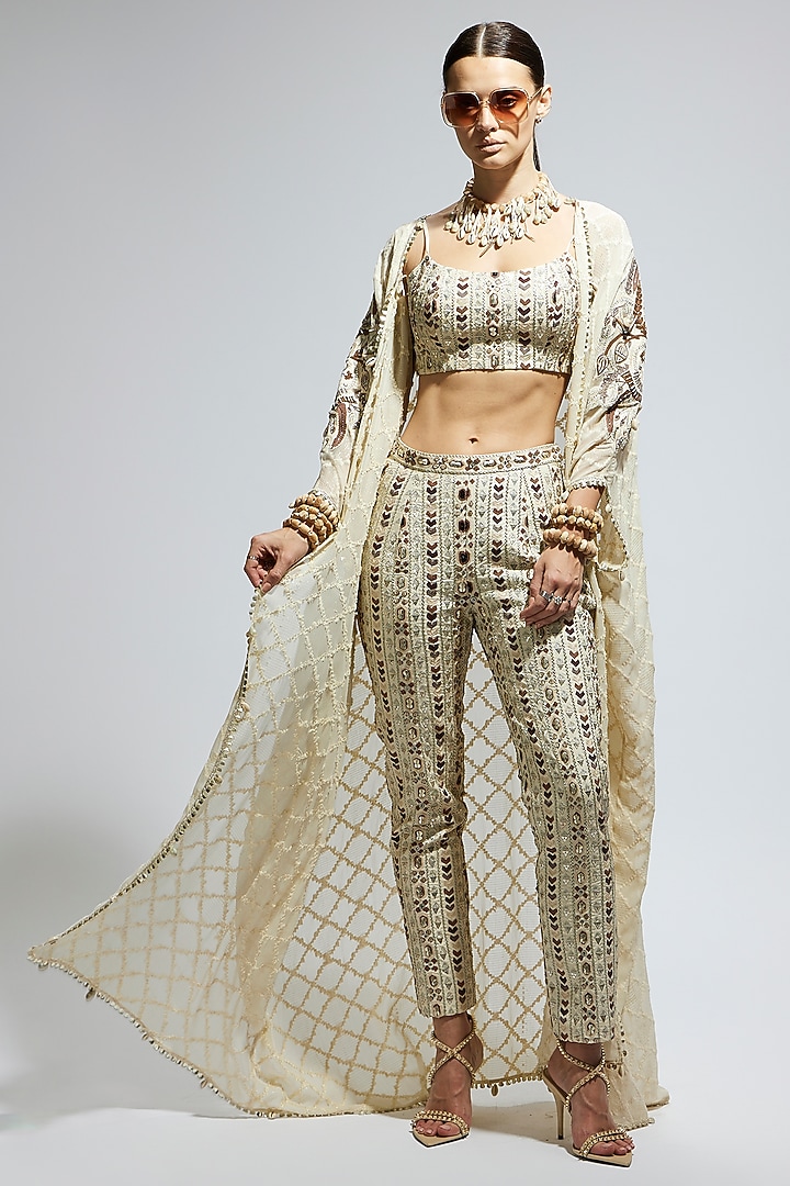 Ivory Silk Embellished Cape Set by SVA BY SONAM & PARAS MODI at Pernia's Pop Up Shop