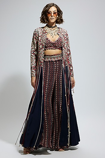 Blue Silk Printed Bridal Sharara Set by SVA BY SONAM & PARAS MODI at Pernia's Pop Up Shop