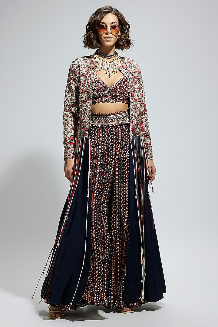 Blue Silk Printed Bridal Sharara Set by SVA BY SONAM & PARAS MODI at Pernia's Pop Up Shop