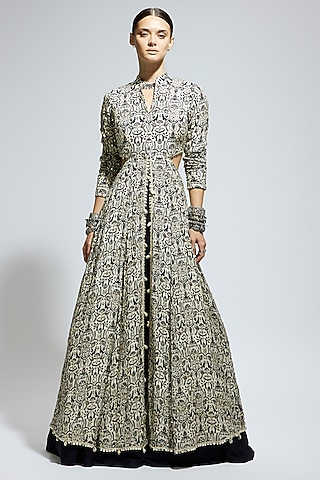 White Crepe Embellished Cut-Out Jacket Set by SVA BY SONAM & PARAS MODI