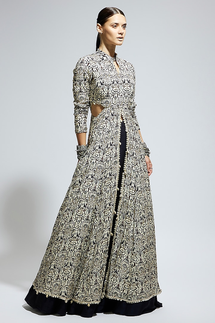 White Crepe Embellished Cut-Out Jacket Set by SVA BY SONAM & PARAS MODI at Pernia's Pop Up Shop