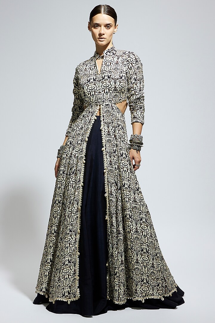 White Crepe Embellished Cut-Out Jacket Set by SVA BY SONAM & PARAS MODI at Pernia's Pop Up Shop