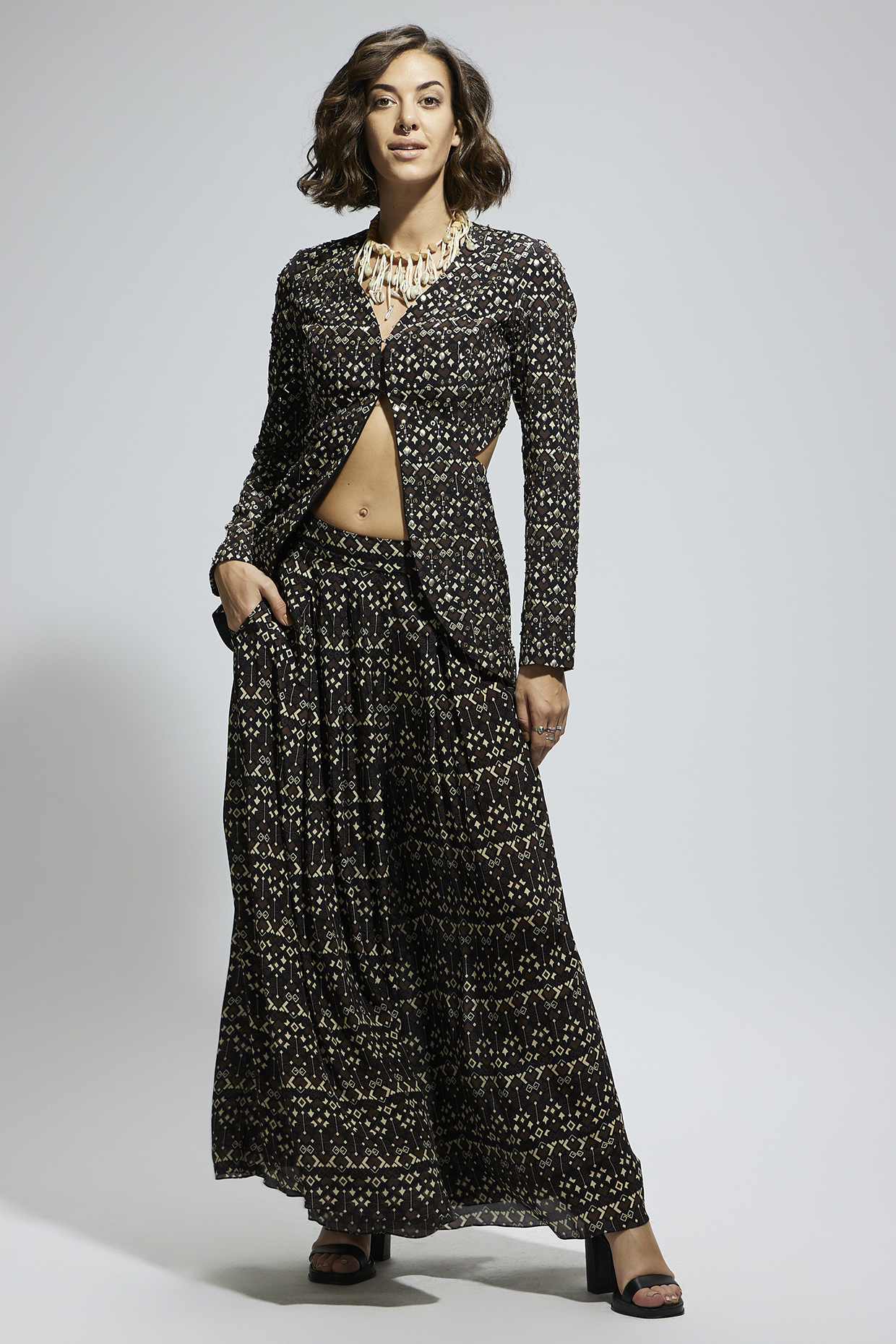 Black Crepe Printed Flared Pant Set by SVA BY SONAM & PARAS MODI at Pernia's Pop Up Shop