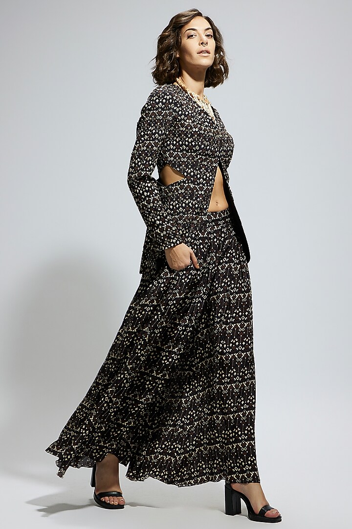 Black Crepe Printed Flared Pant Set by SVA BY SONAM & PARAS MODI at Pernia's Pop Up Shop