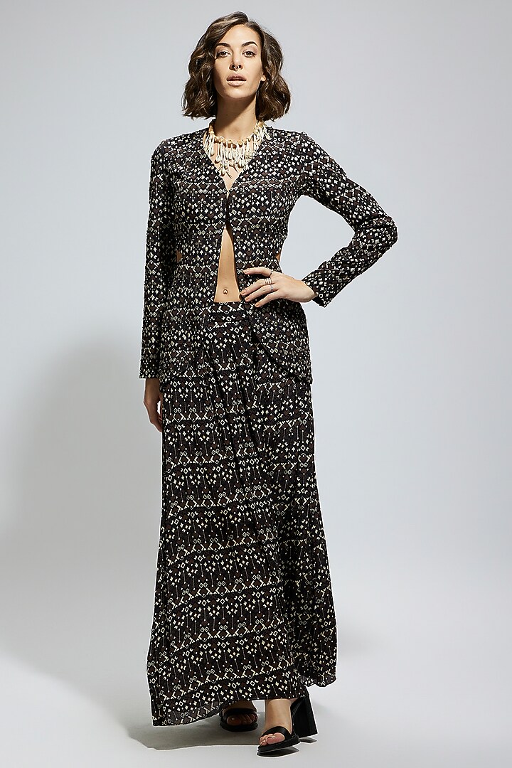 Black Crepe Printed Flared Pant Set by SVA BY SONAM & PARAS MODI at Pernia's Pop Up Shop