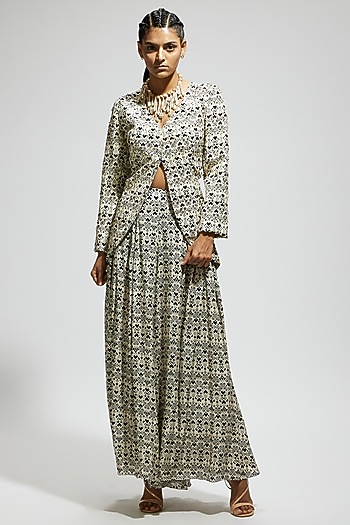 White Crepe Printed Flared Pant Set by SVA BY SONAM & PARAS MODI at Pernia's Pop Up Shop