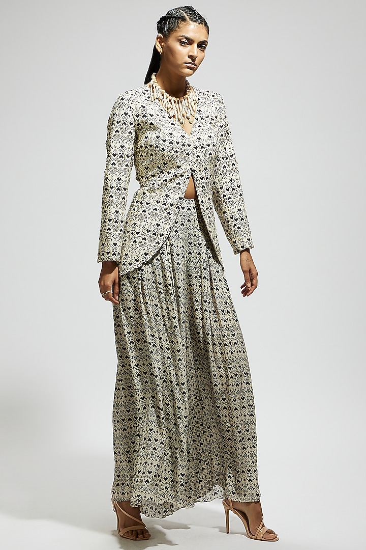 White Crepe Printed Flared Pant Set by SVA BY SONAM & PARAS MODI at Pernia's Pop Up Shop