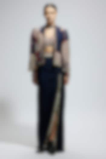 Blue Silk Thread Work Asymmetric Jacket Set by Sva By Sonam & Paras Modi at Pernia's Pop Up Shop