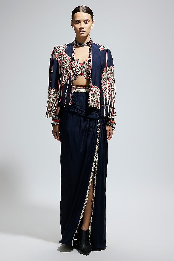 Blue Silk Thread Work Asymmetric Jacket Set by Sva By Sonam & Paras Modi at Pernia's Pop Up Shop