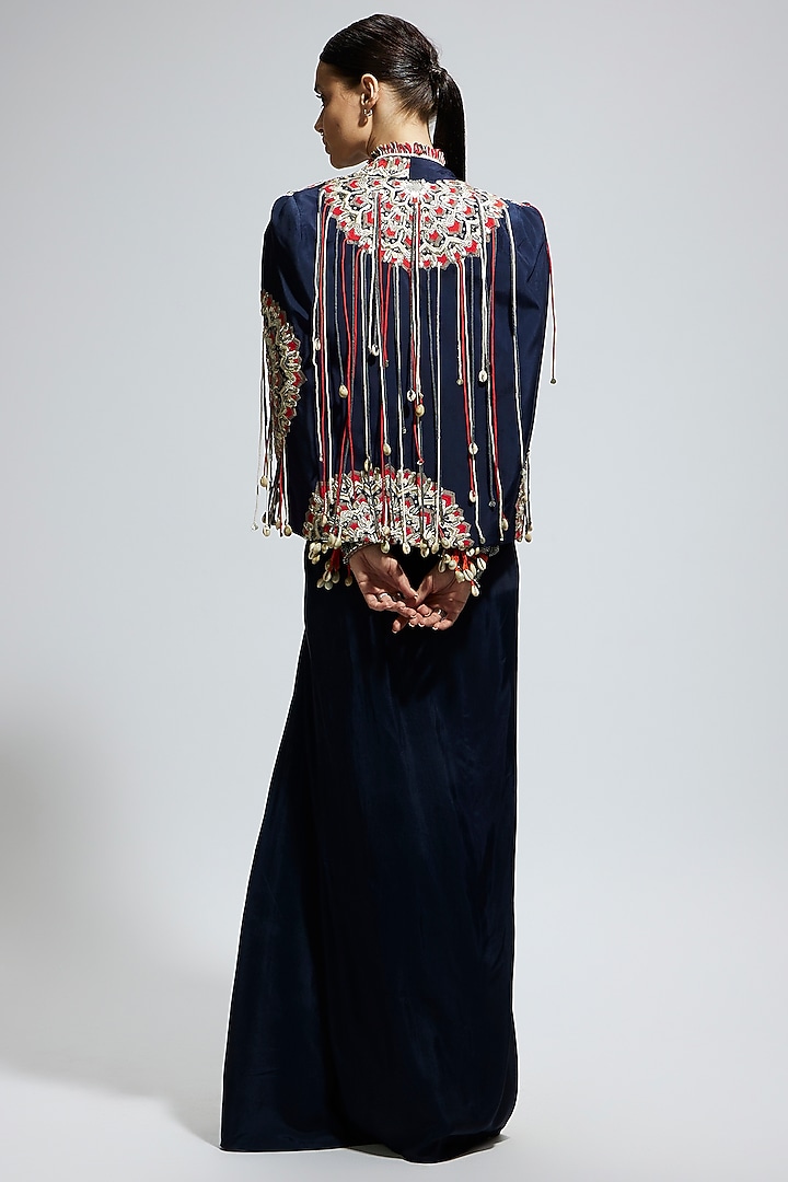 Blue Silk Thread Work Asymmetric Jacket Set by SVA BY SONAM & PARAS MODI at Pernia's Pop Up Shop
