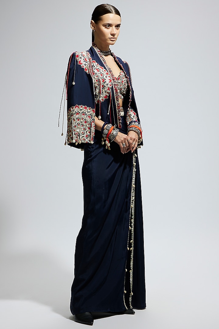 Blue Silk Thread Work Asymmetric Jacket Set by SVA BY SONAM & PARAS MODI at Pernia's Pop Up Shop