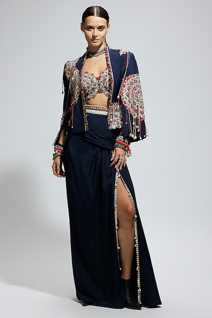 Blue Silk Thread Work Asymmetric Jacket Set by SVA BY SONAM & PARAS MODI at Pernia's Pop Up Shop