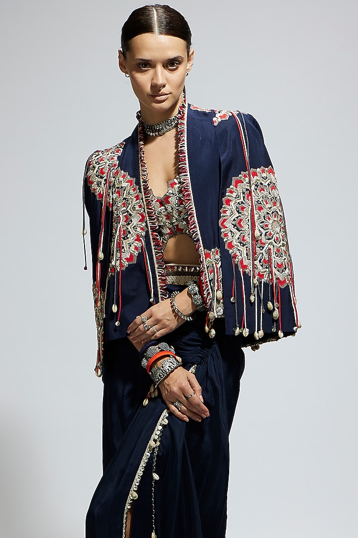 Blue Silk Thread Work Asymmetric Jacket Set by SVA BY SONAM & PARAS MODI at Pernia's Pop Up Shop