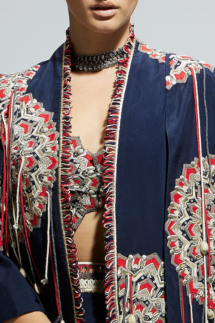 Blue Silk Thread Work Asymmetric Jacket Set by SVA BY SONAM & PARAS MODI at Pernia's Pop Up Shop