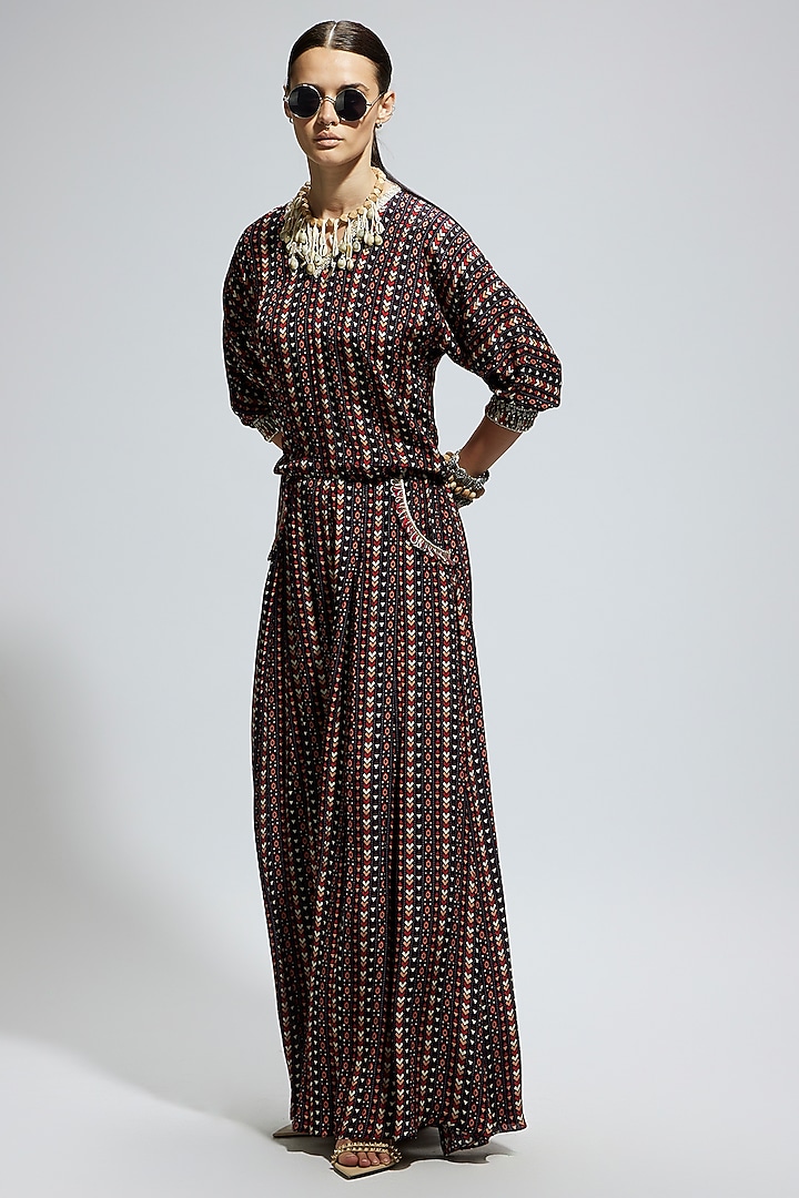 Blue Crepe Printed Jumpsuit by SVA BY SONAM & PARAS MODI at Pernia's Pop Up Shop