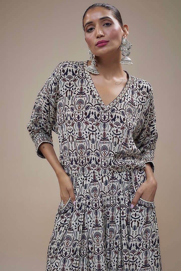 White Crepe Leaf Printed Jumpsuit by SVA BY SONAM & PARAS MODI at Pernia's Pop Up Shop