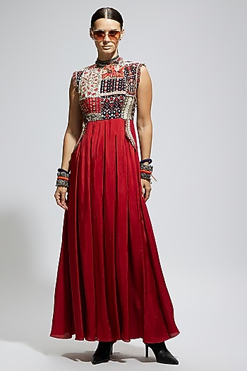 Red Silk Patchwork Jumpsuit by SVA BY SONAM & PARAS MODI at Pernia's Pop Up Shop
