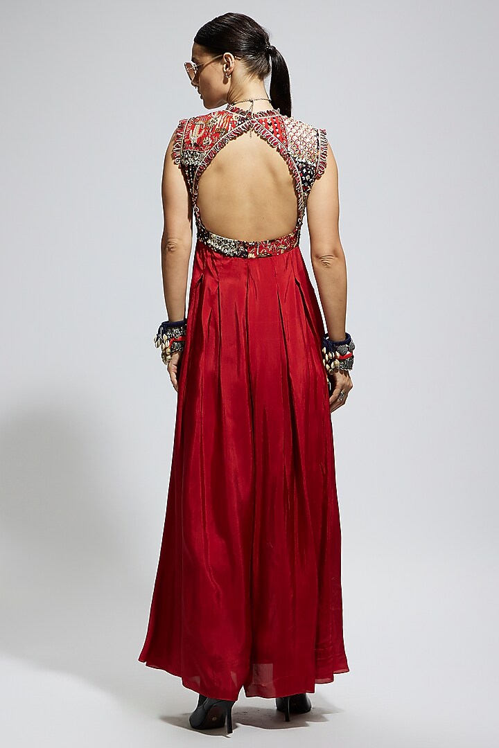Red Silk Patchwork Jumpsuit by SVA BY SONAM & PARAS MODI at Pernia's Pop Up Shop