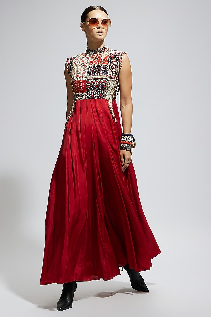 Red Silk Patchwork Jumpsuit by SVA BY SONAM & PARAS MODI at Pernia's Pop Up Shop