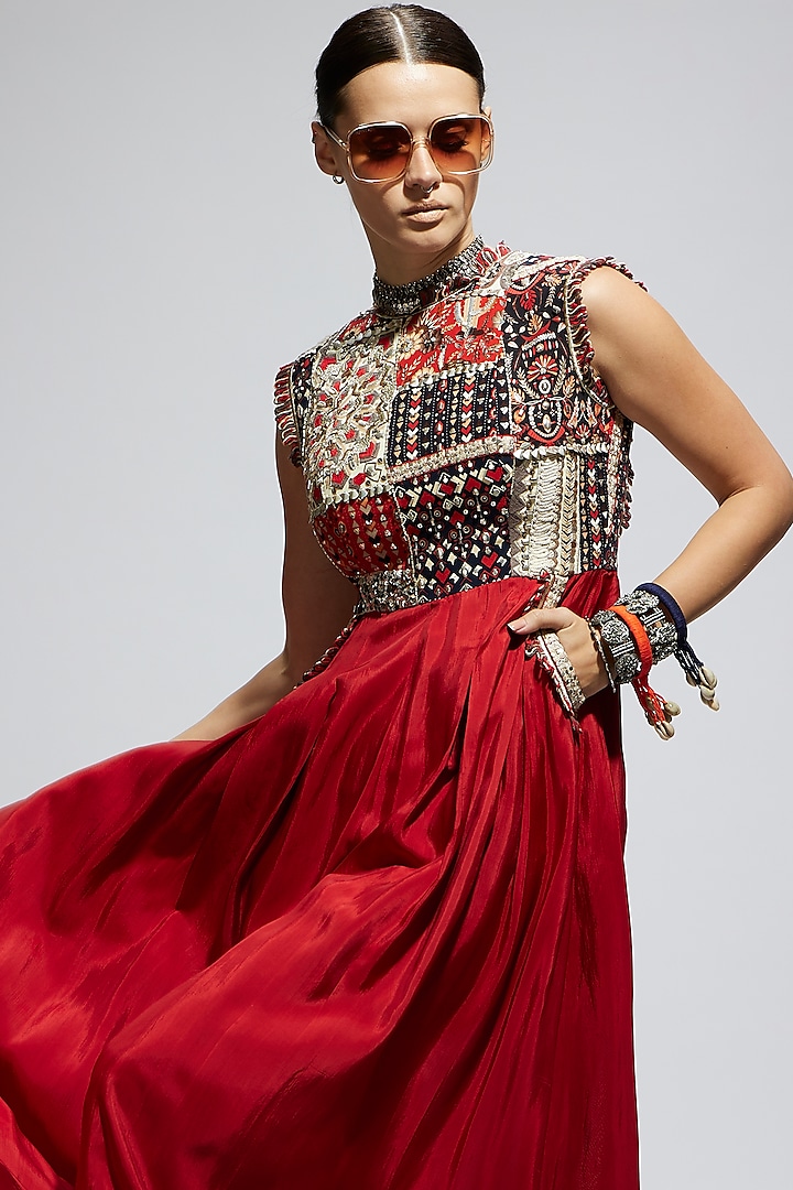 Red Silk Patchwork Jumpsuit by SVA BY SONAM & PARAS MODI at Pernia's Pop Up Shop