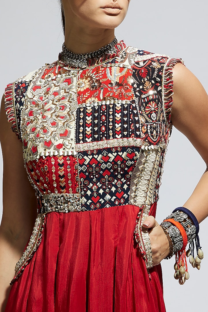 Red Silk Patchwork Jumpsuit by SVA BY SONAM & PARAS MODI at Pernia's Pop Up Shop