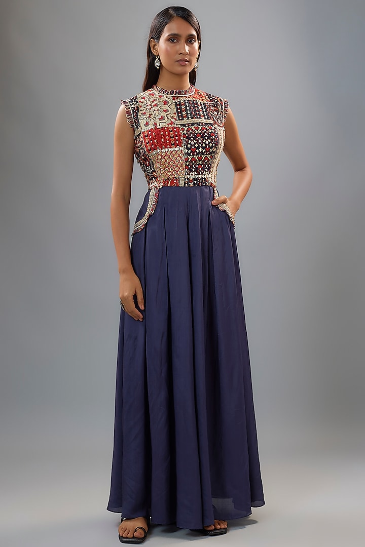 Blue Silk Patchwork Jumpsuit by Sva By Sonam & Paras Modi at Pernia's Pop Up Shop