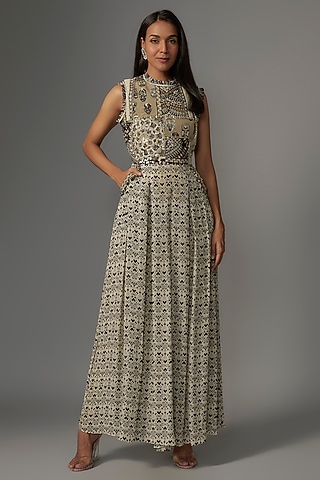 White Crepe Geometric Printed Jumpsuit by Sva By Sonam & Paras Modi