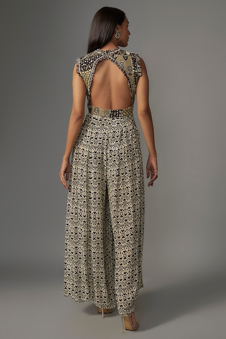 White Crepe Geometric Printed Jumpsuit by Sva By Sonam & Paras Modi at Pernia's Pop Up Shop